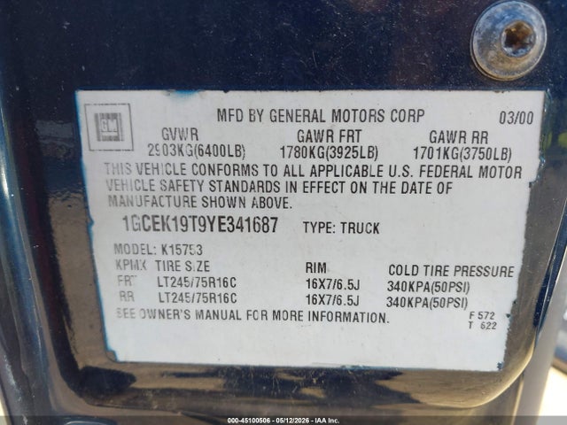 45100506 :رقم المزاد ، 1GCEK19T9YE341687 vin ، 2000 Chevrolet Silverado 1500 Ls مزاد بيع