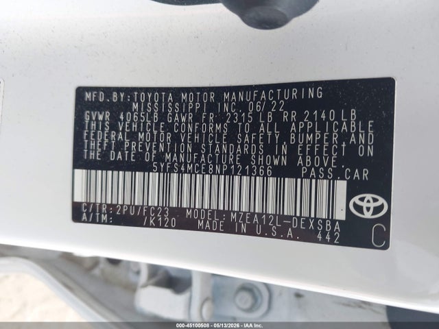 Продажа на аукционе авто 2022 Toyota Corolla Se, vin: 5YFS4MCE8NP121366, номер лота: 45100508