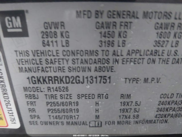 45100511 :رقم المزاد ، 1GKKRRKD2GJ131751 vin ، 2016 Gmc Acadia Slt-1 مزاد بيع