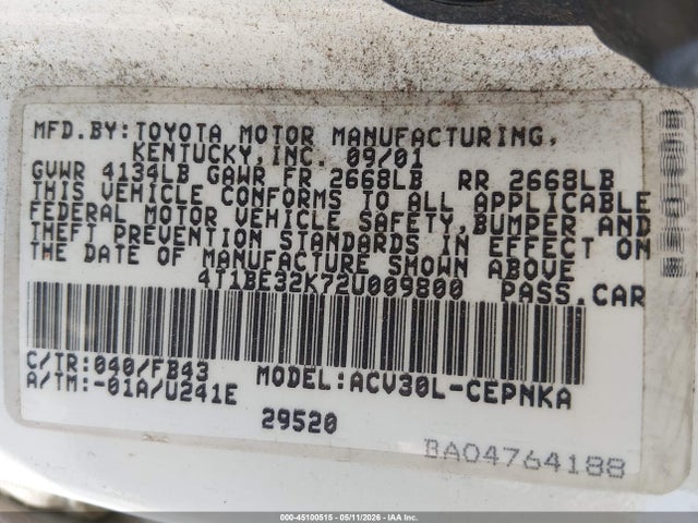 Продаж на аукціоні авто 2002 Toyota Camry Le, vin: 4T1BE32K72U009800, номер лоту: 45100515