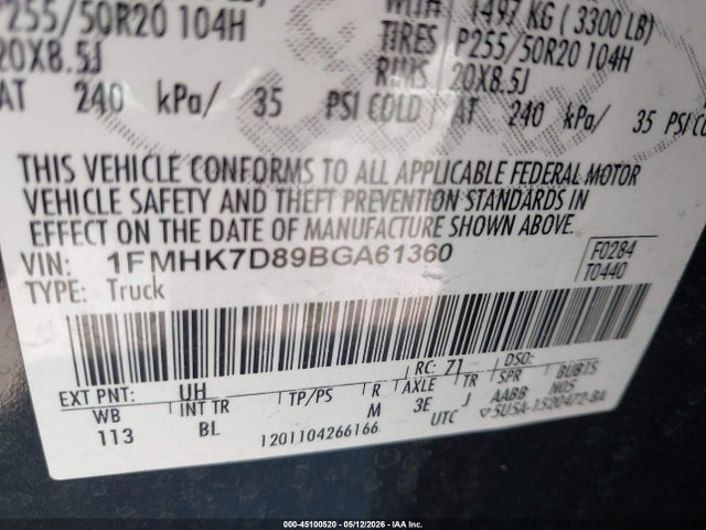 45100520 :رقم المزاد ، 1FMHK7D89BGA61360 vin ، 2011 Ford Explorer Xlt مزاد بيع