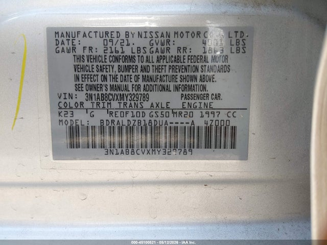 Aukcja sprzedaży 2021 Nissan Sentra Sv Xtronic Cvt, vin: 3N1AB8CVXMY329789, numer aukcji: 45100521