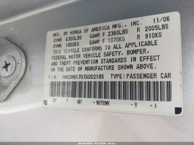 45100525 :رقم المزاد ، 1HGCM81707A002185 vin ، 2007 Honda Accord 3.0 Ex مزاد بيع