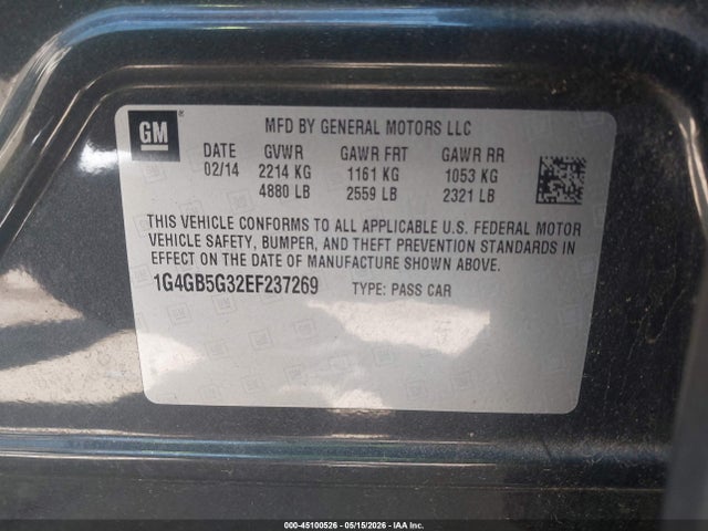 Auction sale of the 2014 Buick Lacrosse Leather Group, vin: 1G4GB5G32EF237269, lot number: 45100526
