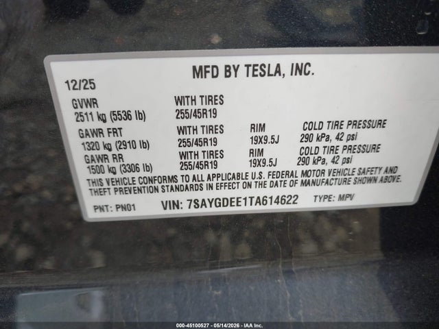 Продаж на аукціоні авто 2026 Tesla Model Y All-wheel Drive/long Range Launch Series/premium All-wheel Drive, vin: 7SAYGDEE1TA614622, номер лоту: 45100527
