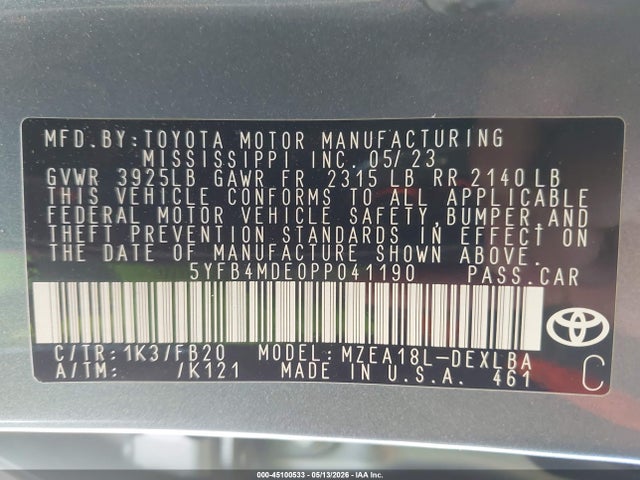 Aukcja sprzedaży 2023 Toyota Corolla Le, vin: 5YFB4MDE0PP041190, numer aukcji: 45100533