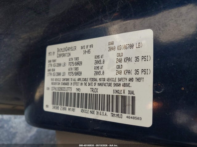 2006 Dodge Ram 1500 Slt/trx4 Off Road/sport მანქანა იყიდება აუქციონზე, vin: 1D7HU18286S512773, აუქციონის ნომერი: 45100535