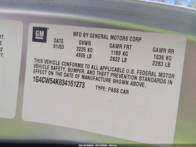 45100536 :رقم المزاد ، 1G4CW54K834161273 vin ، 2003 Buick Park Avenue مزاد بيع