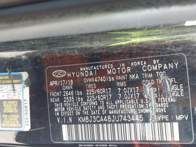 Aukcja sprzedaży 2018 Hyundai Tucson Sel, vin: KM8J3CA48JU743445, numer aukcji: 45100544