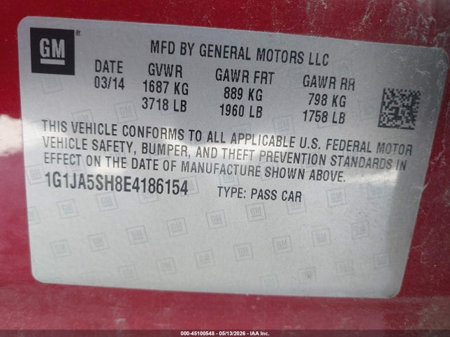 45100548 :رقم المزاد ، 1G1JA5SH8E4186154 vin ، 2014 Chevrolet Sonic Ls Auto مزاد بيع