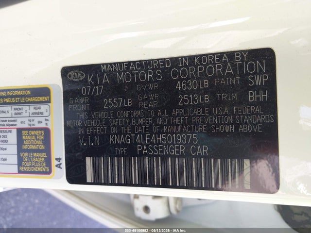 2017 Kia Optima Hybrid მანქანა იყიდება აუქციონზე, vin: KNAGT4LE4H5019375, აუქციონის ნომერი: 45100552