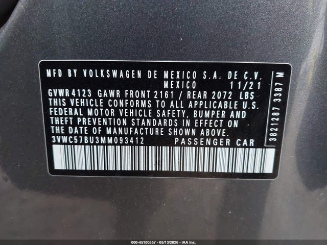 Продажа на аукционе авто 2021 Volkswagen Jetta 1.4t R-line/1.4t S/1.4t Se, vin: 3VWC57BU3MM093412, номер лота: 45100557