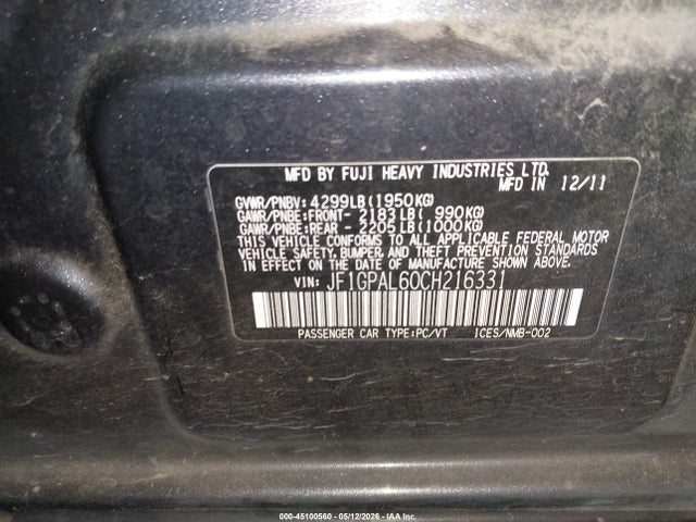 2012 Subaru Impreza 2.0i Sport Premium მანქანა იყიდება აუქციონზე, vin: JF1GPAL60CH216331, აუქციონის ნომერი: 45100560