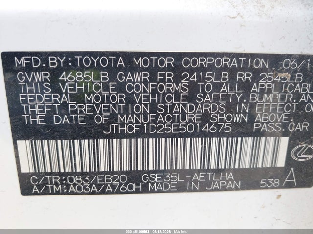 Продажа на аукционе авто 2014 Lexus Is 250, vin: JTHCF1D25E5014675, номер лота: 45100563
