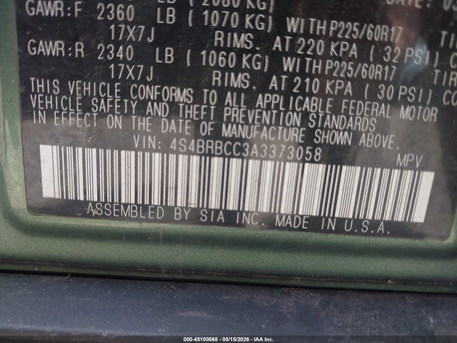 45100568 :رقم المزاد ، 4S4BRBCC3A3373058 vin ، 2010 Subaru Outback 2.5i Premium مزاد بيع
