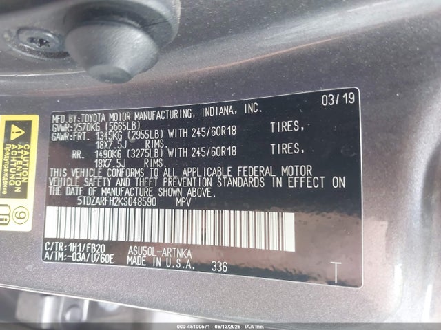 45100571 :رقم المزاد ، 5TDZARFH2KS048590 vin ، 2019 Toyota Highlander Le مزاد بيع