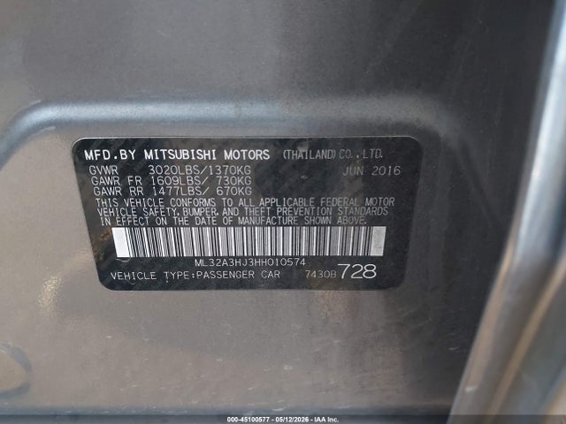 Aukcja sprzedaży 2017 Mitsubishi Mirage Es, vin: ML32A3HJ3HH010574, numer aukcji: 45100577