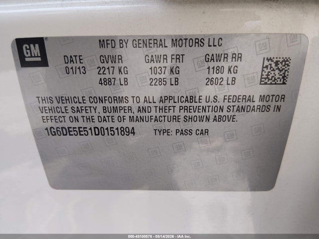 Aukcja sprzedaży 2013 Cadillac Cts Luxury, vin: 1G6DE5E51D0151894, numer aukcji: 45100578