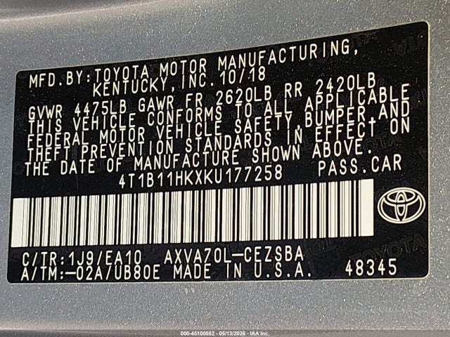 4T1B11HKXKU177258 Toyota CAMRY SE