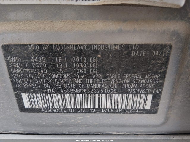 Aukcja sprzedaży 2011 Subaru Legacy 2.5i Limited, vin: 4S3BMBK65B3251009, numer aukcji: 45100583