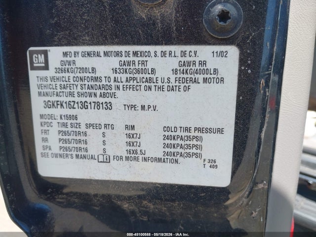 2003 Gmc Yukon Xl 1500 Slt მანქანა იყიდება აუქციონზე, vin: 3GKFK16Z13G178133, აუქციონის ნომერი: 45100588