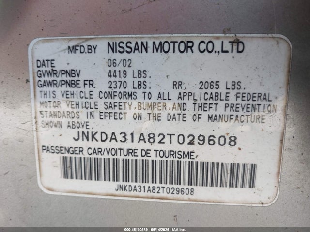 Auction sale of the 2002 Infiniti I35 Luxury, vin: JNKDA31A82T029608, lot number: 45100589