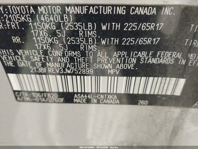 2T3BFREV3JW752899 Toyota RAV4 LE