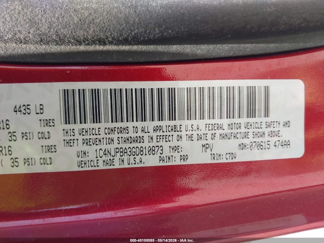 45100595 :رقم المزاد ، 1C4NJPBA3GD810873 vin ، 2016 Jeep Patriot Sport مزاد بيع