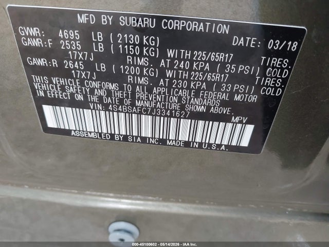 45100602 :رقم المزاد ، 4S4BSAFC7J3341627 vin ، 2018 Subaru Outback 2.5i Premium مزاد بيع