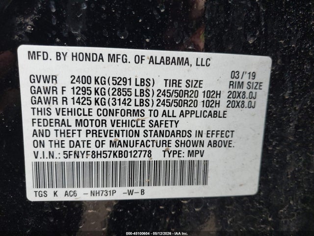 2019 Honda Passport Ex-l მანქანა იყიდება აუქციონზე, vin: 5FNYF8H57KB012778, აუქციონის ნომერი: 45100604