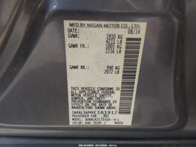 Продажа на аукционе авто 2015 Nissan Altima 2.5 Sl, vin: 1N4AL3AP4FC161912, номер лота: 45100609