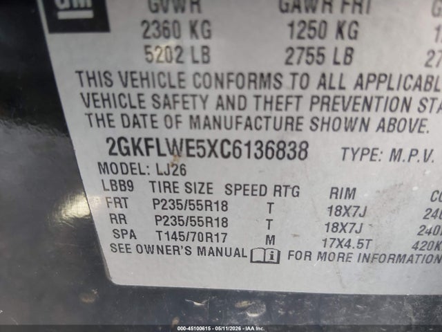 Продажа на аукционе авто 2012 Gmc Terrain Slt-2, vin: 2GKFLWE5XC6136838, номер лота: 45100615