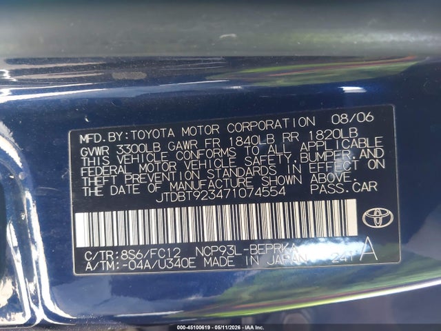 Продажа на аукционе авто 2007 Toyota Yaris, vin: JTDBT923471074554, номер лота: 45100619