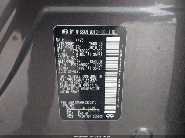 2024 Infiniti Qx80 Luxe Awd მანქანა იყიდება აუქციონზე, vin: JN8AZ2AE0R9326815, აუქციონის ნომერი: 45100621