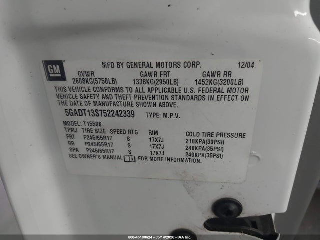 Aukcja sprzedaży 2005 Buick Rainier Cxl, vin: 5GADT13S752242339, numer aukcji: 45100624