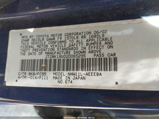 Aukcja sprzedaży 2002 Toyota Prius, vin: JT2BK18U020065295, numer aukcji: 45100623