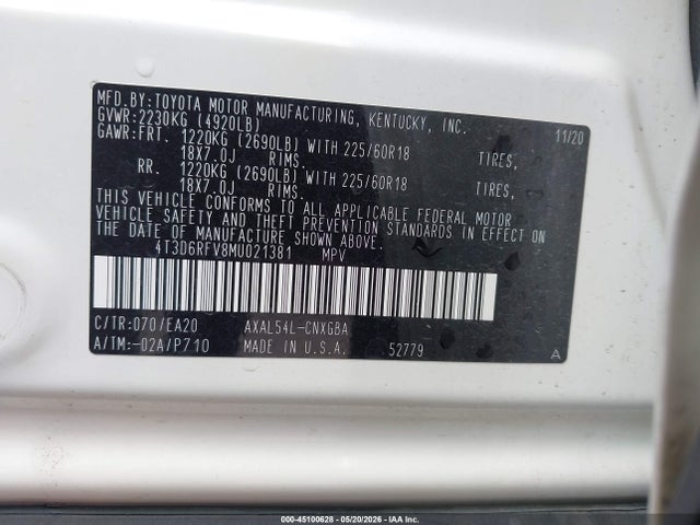 Продажа на аукционе авто 2021 Toyota Rav4 Hybrid Limited, vin: 4T3D6RFV8MU021381, номер лота: 45100628