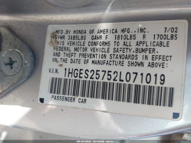 Продаж на аукціоні авто 2002 Honda Civic Ex, vin: 1HGES25752L071019, номер лоту: 45100629