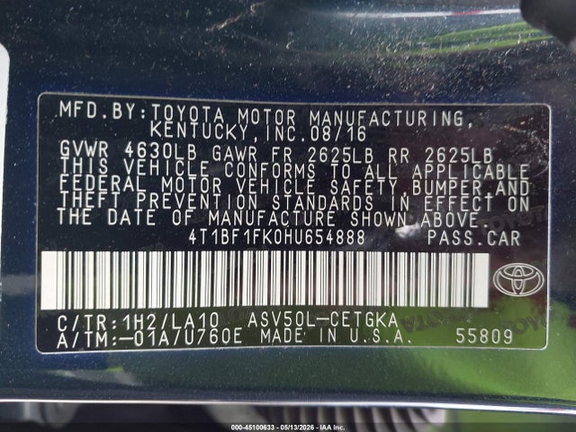 Продажа на аукционе авто 2017 Toyota Camry Xle, vin: 4T1BF1FK0HU654888, номер лота: 45100633