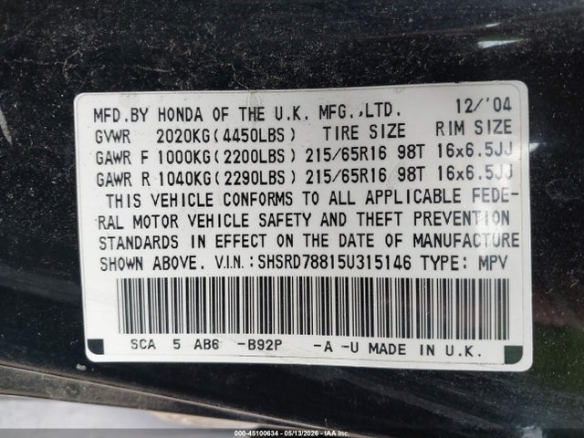 Продаж на аукціоні авто 2005 Honda Cr-v Ex, vin: SHSRD78815U315146, номер лоту: 45100634