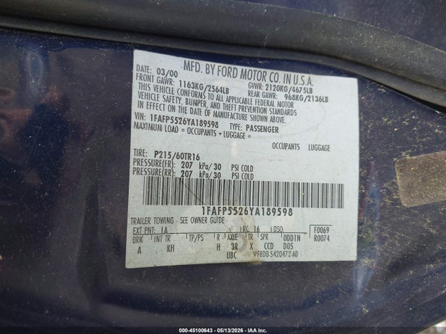 45100643 :رقم المزاد ، 1FAFP5526YA189598 vin ، 2000 Ford Taurus Ses مزاد بيع
