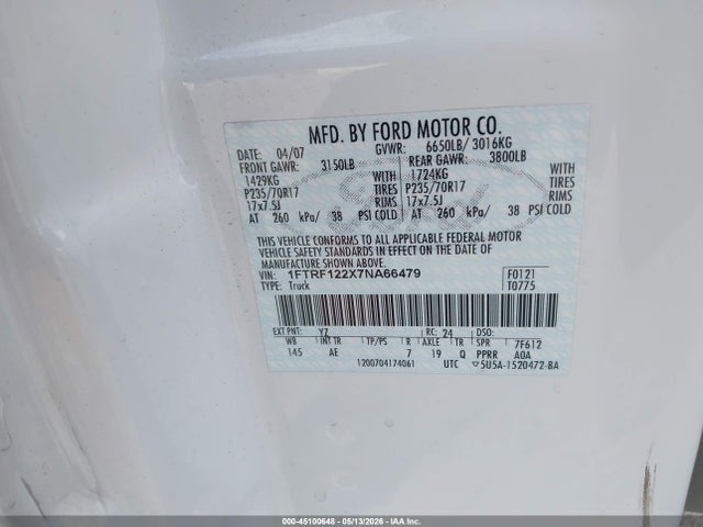 Aukcja sprzedaży 2007 Ford F-150 Stx/xl/xlt, vin: 1FTRF122X7NA66479, numer aukcji: 45100648