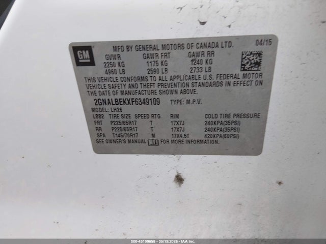 Продаж на аукціоні авто 2015 Chevrolet Equinox 1lt, vin: 2GNALBEKXF6349109, номер лоту: 45100658