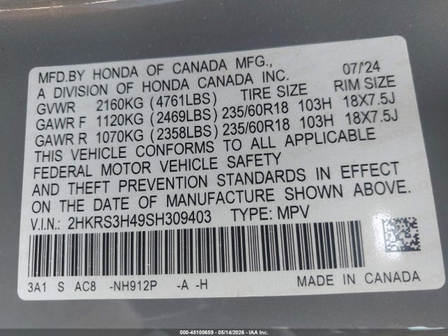 2HKRS3H49SH309403 Honda Cr-v Ex 2wd