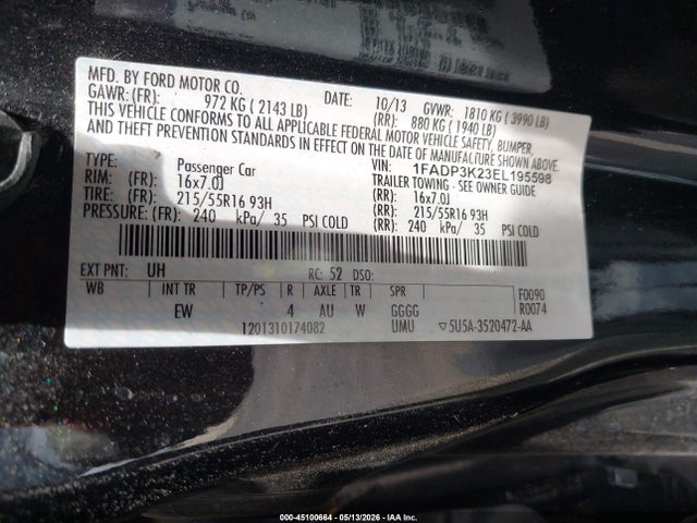 45100664 :رقم المزاد ، 1FADP3K23EL195598 vin ، 2014 Ford Focus Se مزاد بيع