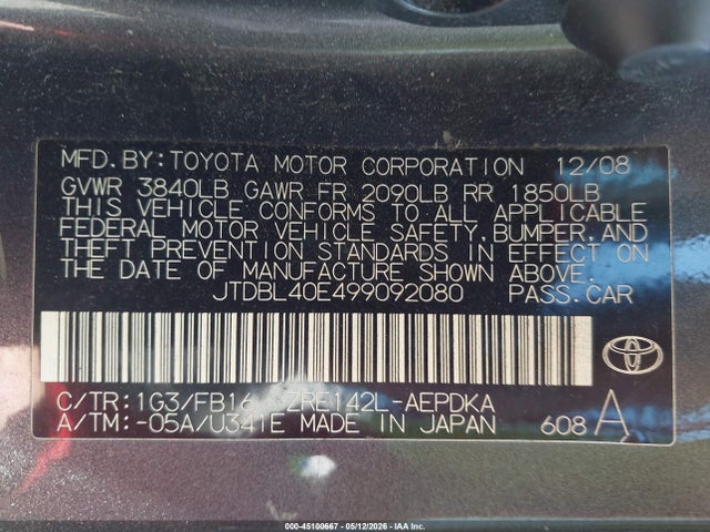 Aukcja sprzedaży 2009 Toyota Corolla, vin: JTDBL40E499092080, numer aukcji: 45100667