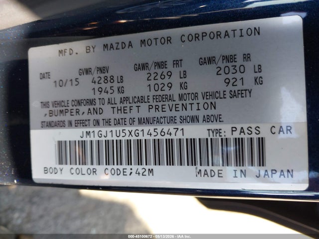 45100672 :رقم المزاد ، JM1GJ1U5XG1456471 vin ، 2016 Mazda Mazda6 I Sport مزاد بيع
