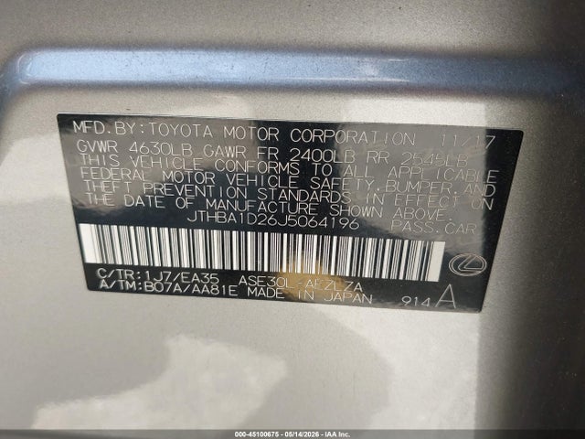 Aukcja sprzedaży 2018 Lexus Is 300, vin: JTHBA1D26J5064196, numer aukcji: 45100675