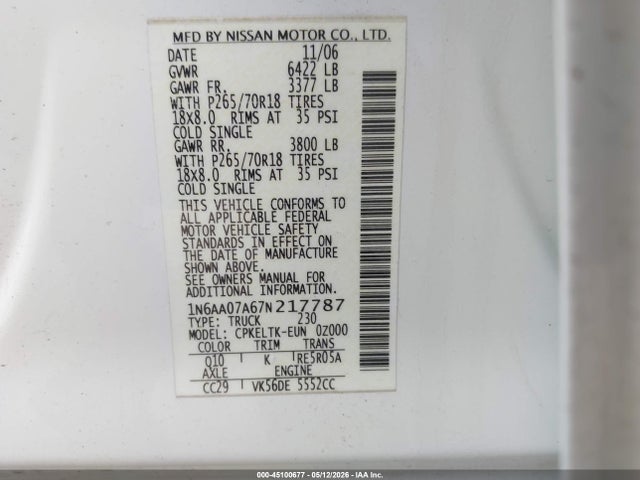 2007 Nissan Titan Se მანქანა იყიდება აუქციონზე, vin: 1N6AA07A67N217787, აუქციონის ნომერი: 45100677