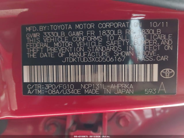 Aukcja sprzedaży 2012 Toyota Yaris Le, vin: JTDKTUD3XCD506167, numer aukcji: 45100678